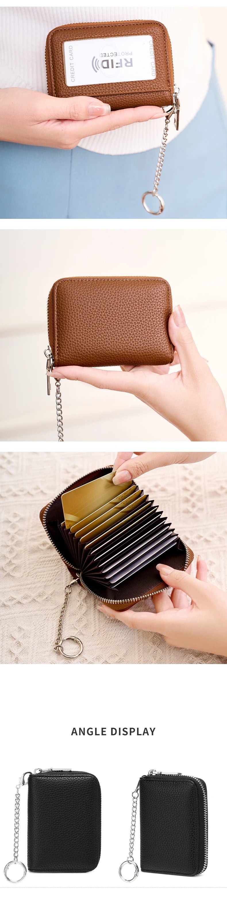 A brown RFID shielded accordion wallet with a gold chain is shown in various angles.