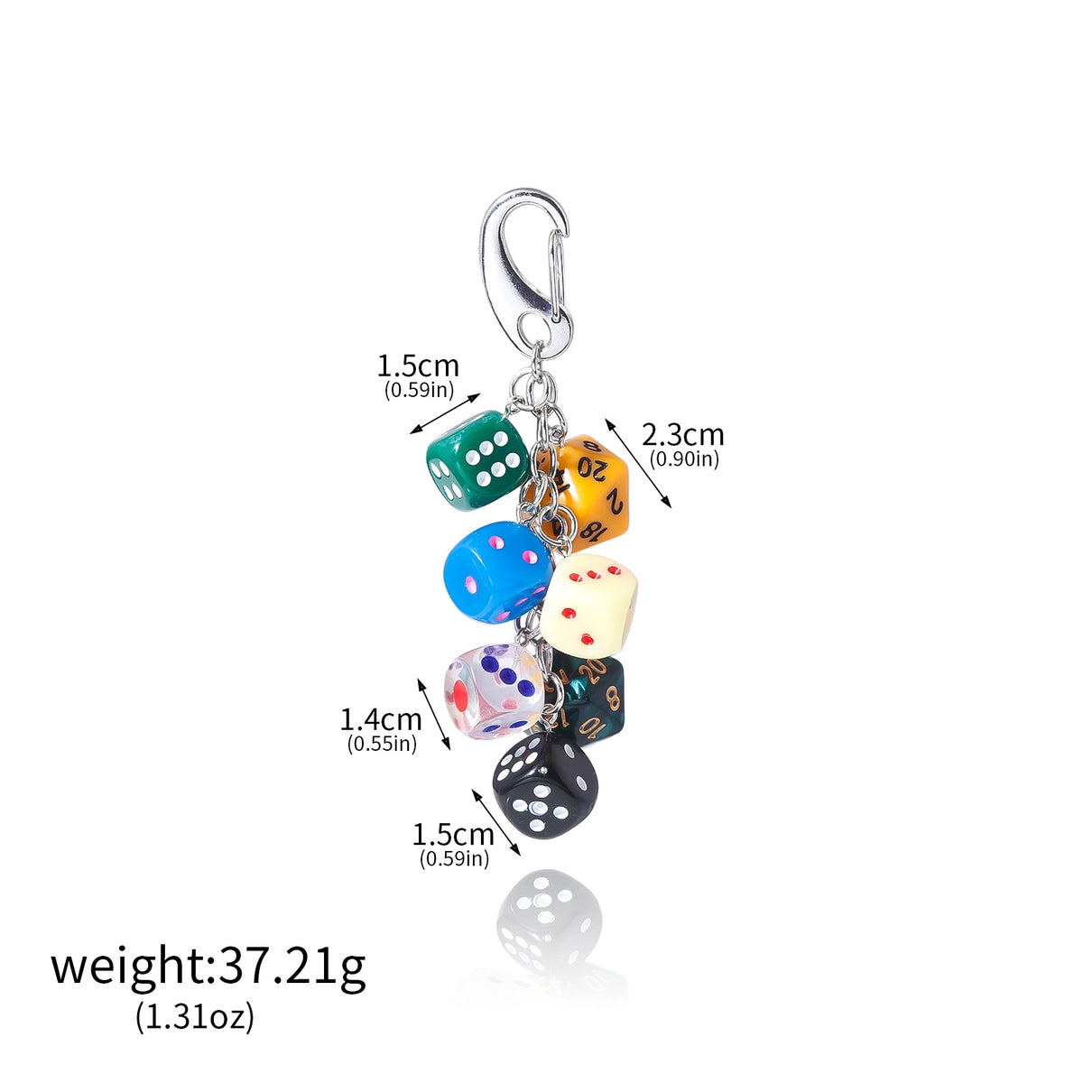 A silver keychain charm featuring several colorful dice attached to a loop.