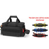 Black heavy-duty multi-pocket tool bag with a reinforced base and adjustable straps