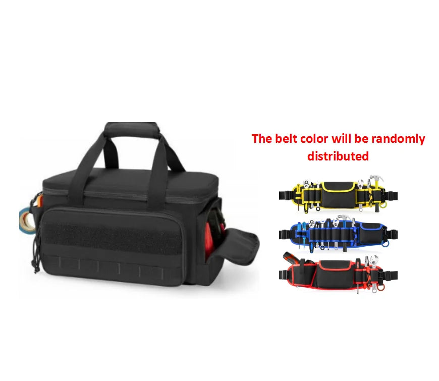 Black heavy-duty multi-pocket tool bag with a reinforced base and adjustable straps