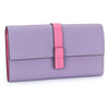 A lavender genuine cow leather bifold wallet with a pink strap.