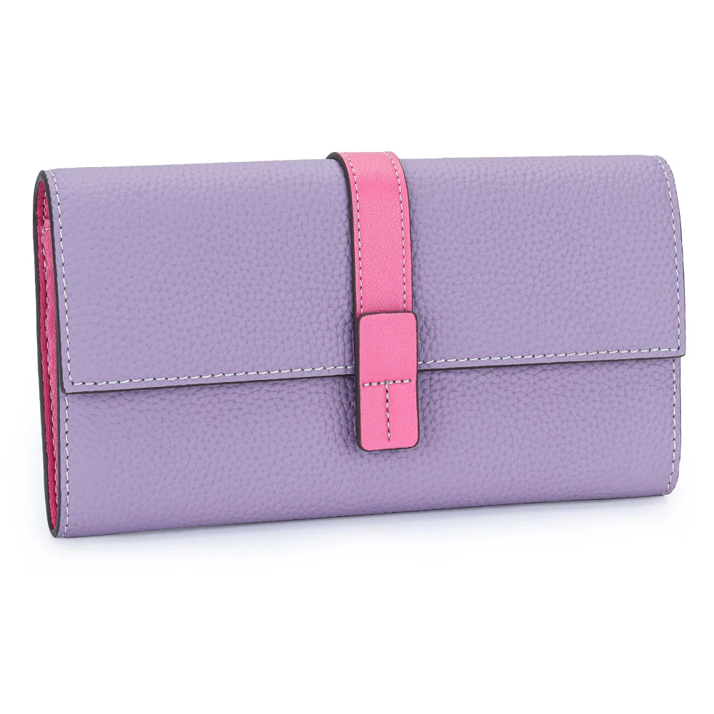 A lavender genuine cow leather bifold wallet with a pink strap.