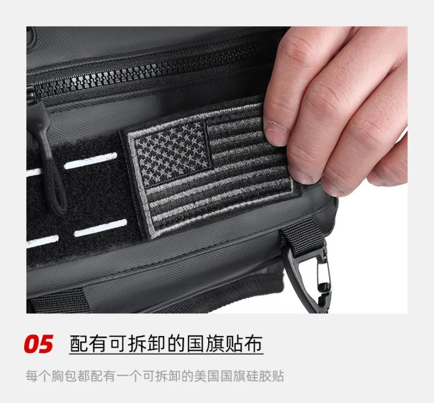 Close-up of a black tactical chest bag showing an American flag patch on the exterior.