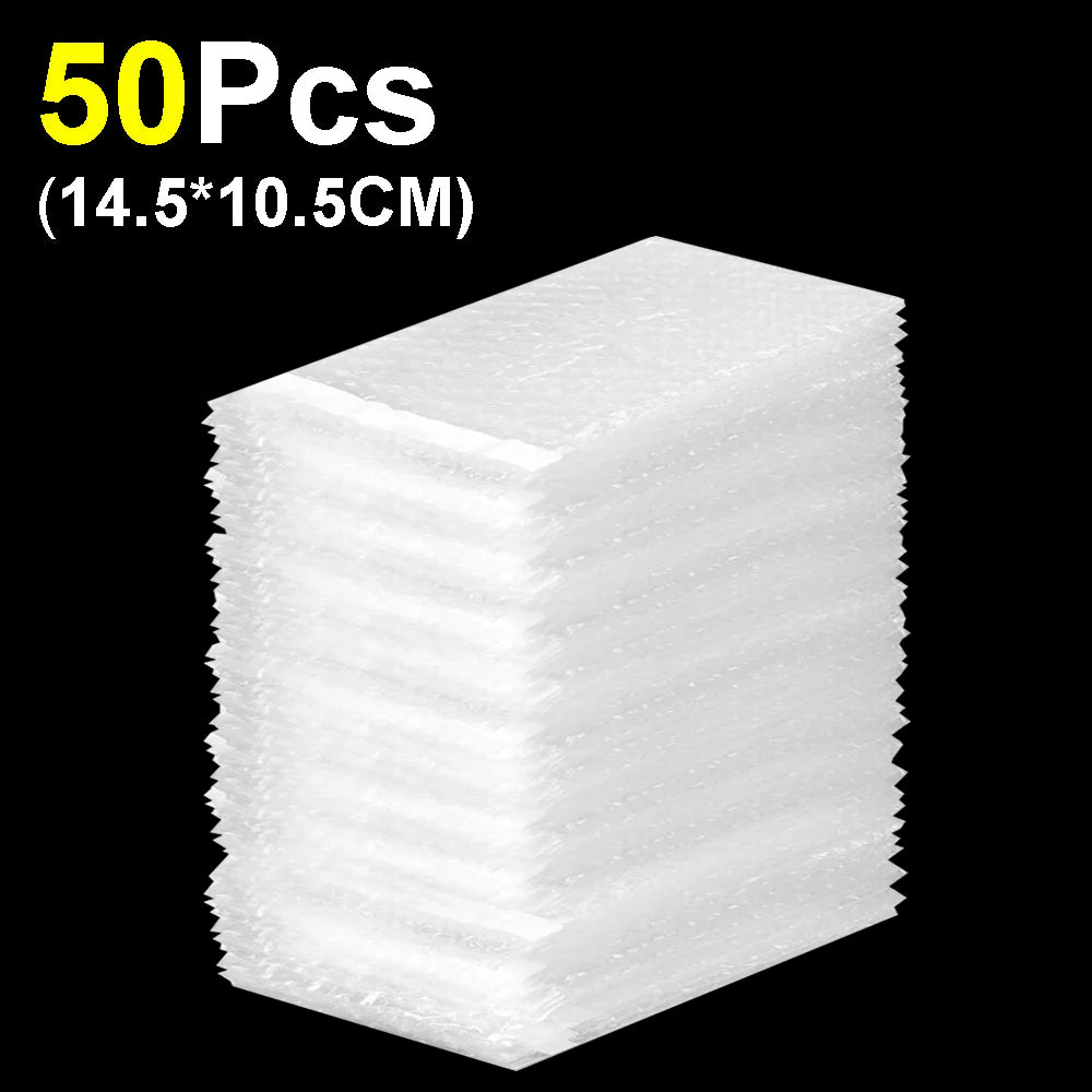 A stack of 50 self-sealing bubble mailer bags with protective cushioning, measuring 14.5x10.5cm.