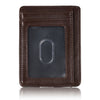 A dark brown slim PU leather card holder wallet with a clear window displaying a silver zero.