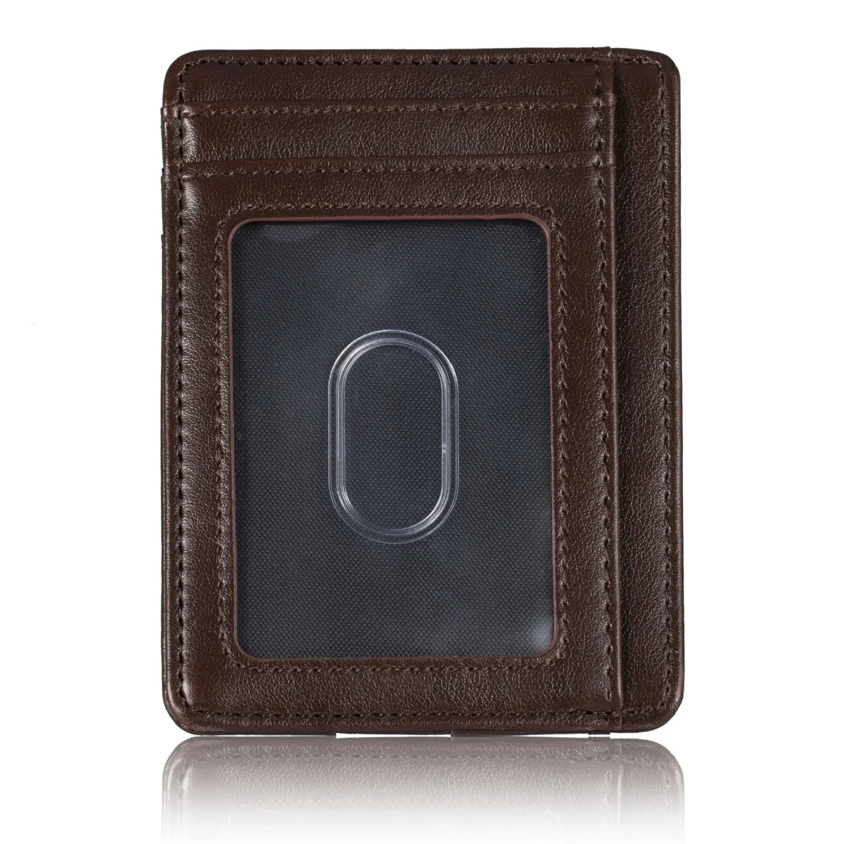 A dark brown slim PU leather card holder wallet with a clear window displaying a silver zero.