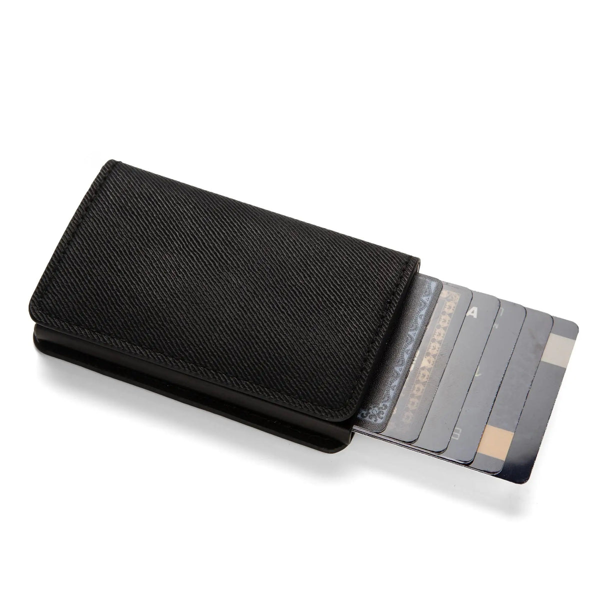 Black minimalist RFID blocking wallet with several cards visible.