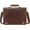 A brown vintage Crazy Horse leather briefcase with a leather handle and strap.