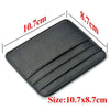 Black genuine leather slim card holder wallet shown from above with dimensions 10.7cm by 8.7cm