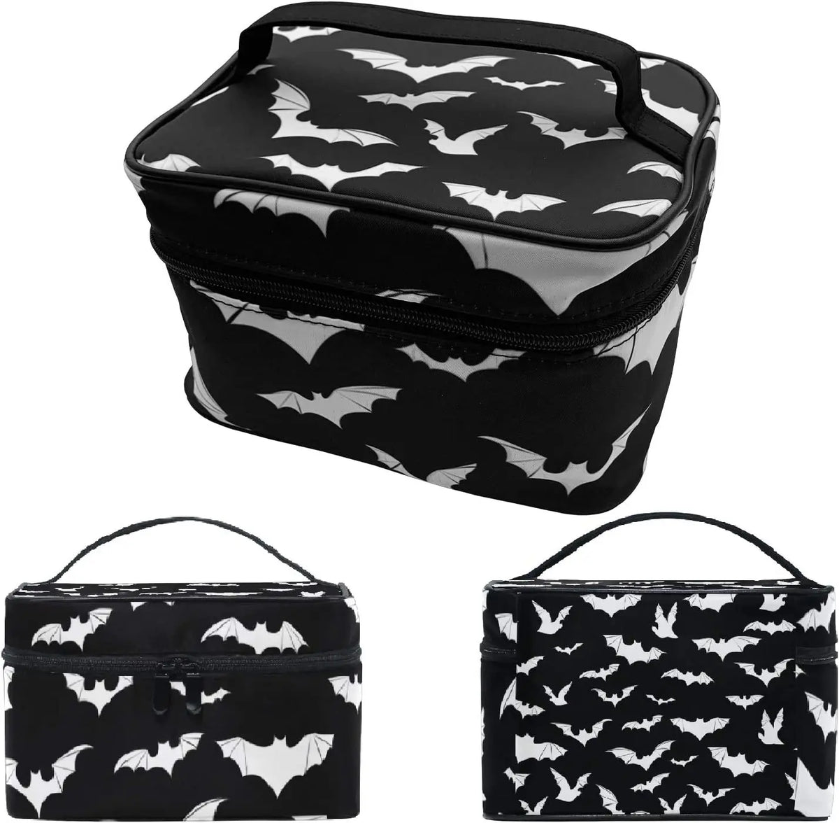 Bolsa organizadora de maquillaje negra con estampado de murciélago, mostrada en dos vistas.