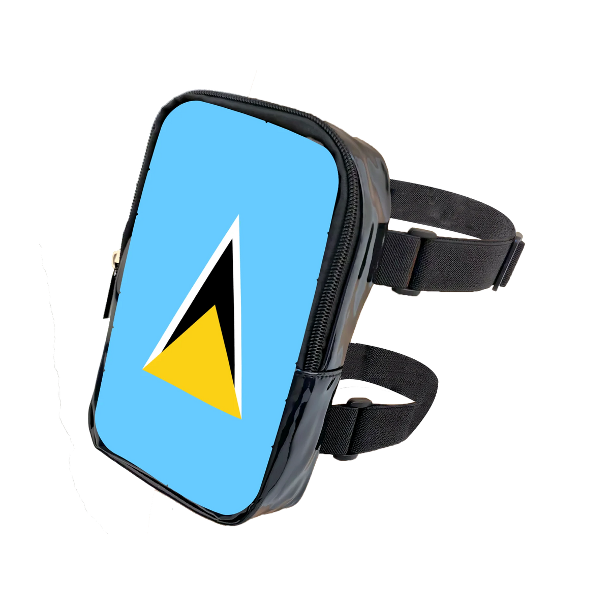 A black adjustable waist pouch with a bright blue face featuring a yellow triangle design.