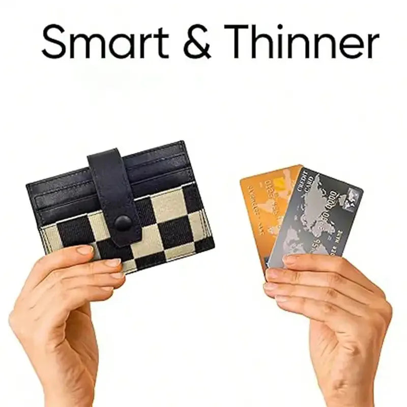 A hand holds a black and gold checkered PU leather mini card wallet next to a credit card.