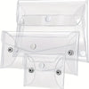 Clear plastic portable organizer pouches for cosmetics and tools shown in various folded and unfolded states