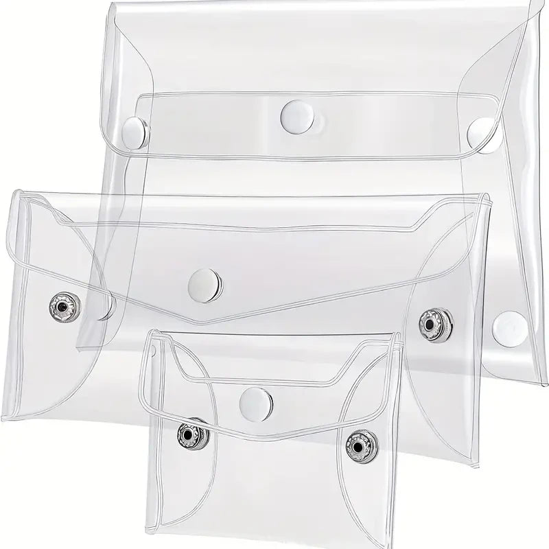 Clear plastic portable organizer pouches for cosmetics and tools shown in various folded and unfolded states