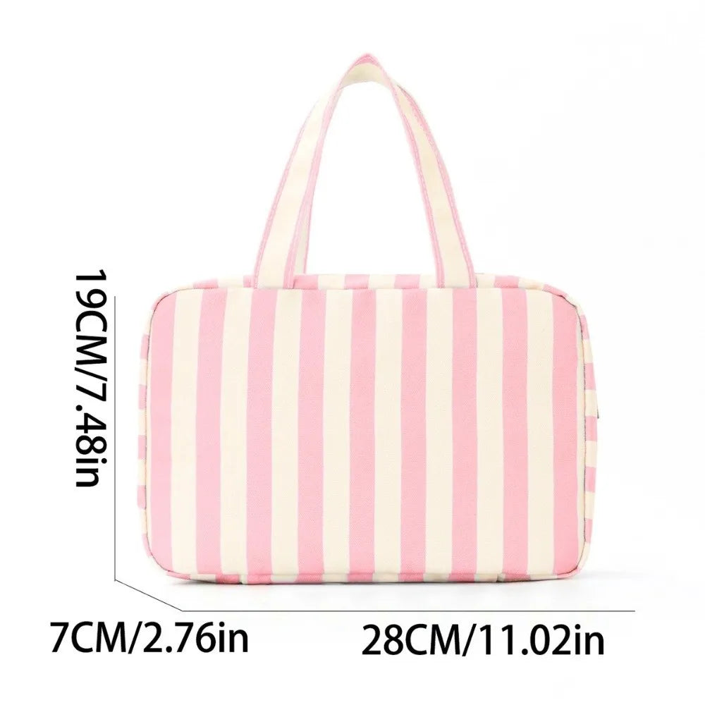 Bolsa de tocador colgante de 4 pliegues a rayas rosa y crema.