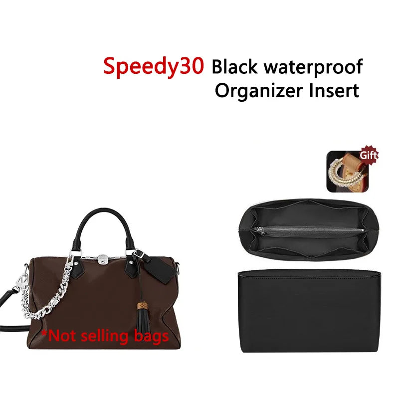 Black waterproof organizer insert for bags shown next to a leather replacement strap