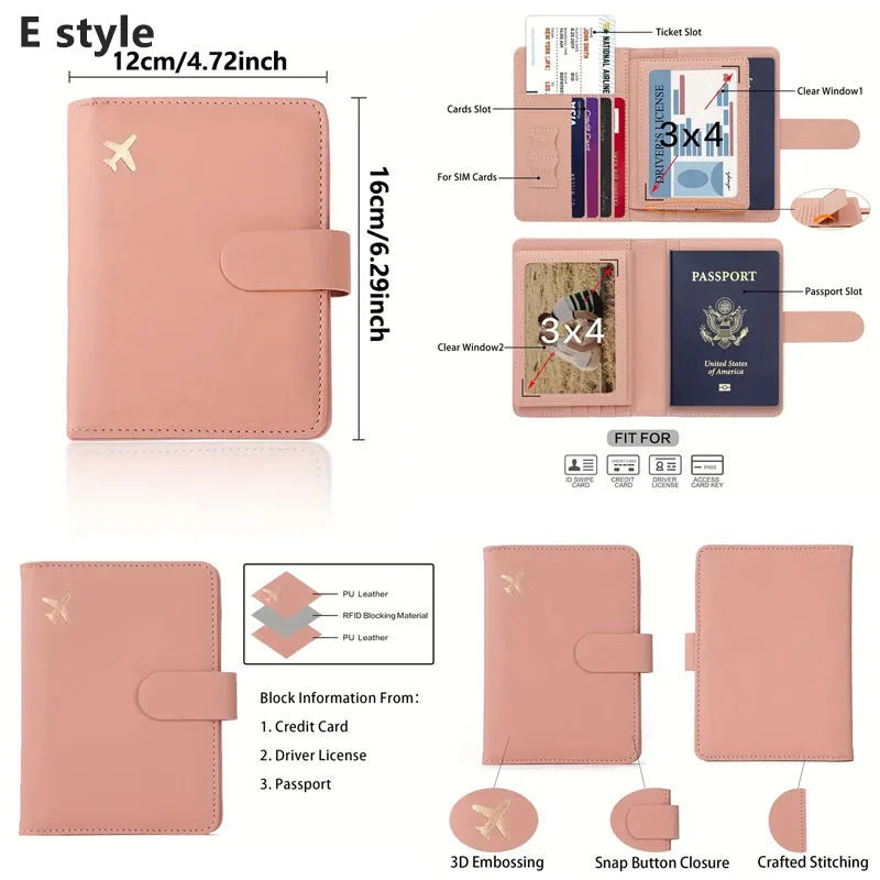 A pink E style passport organizer featuring card slots and a clear window for travel documents.