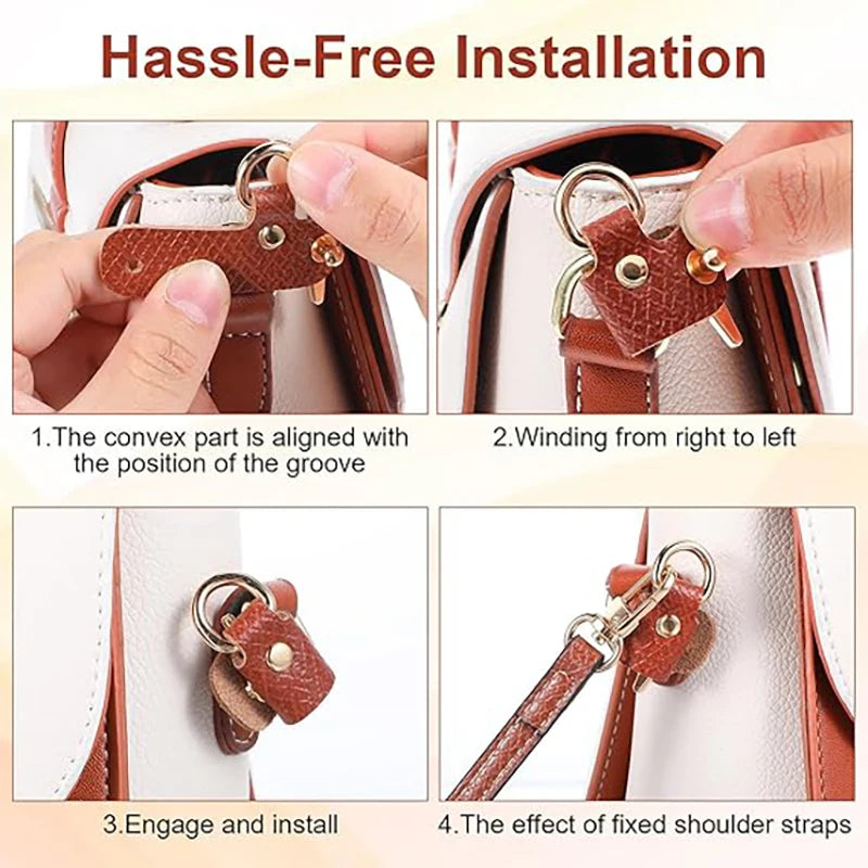 Demonstration of hassle-free installation for a bag strap set using convex parts and winding technique.
