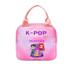 Pink K-Pop themed insulated backpack featuring characters from K-Pop groups