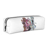 A white zippered pencil case featuring illustrations of magical girls.