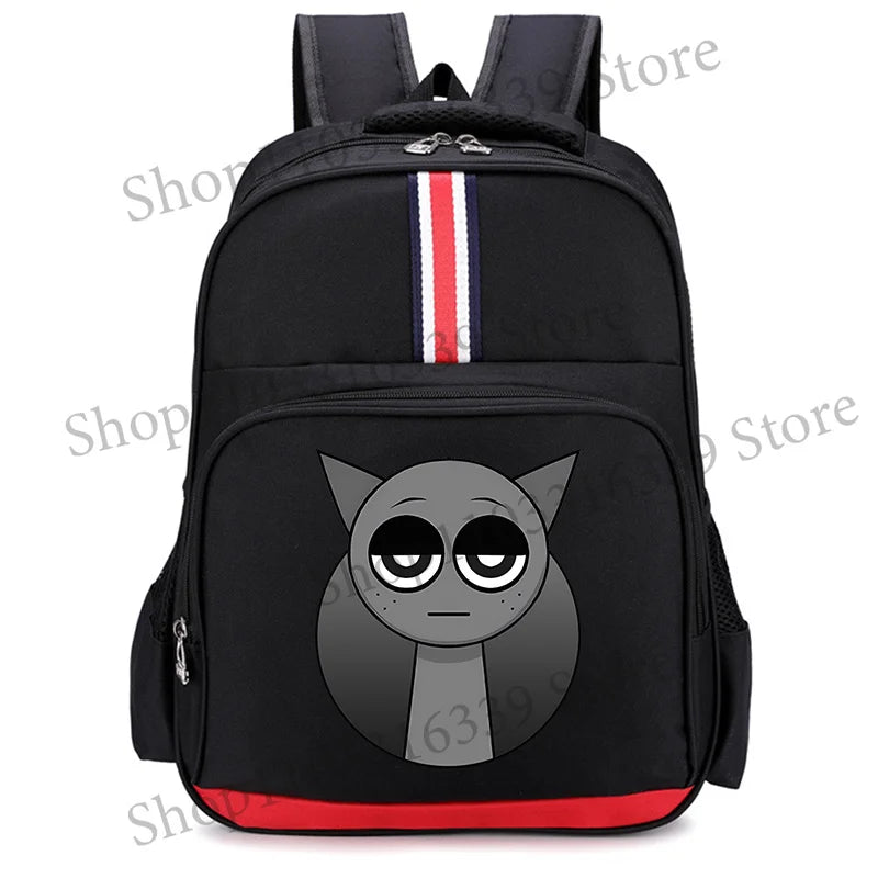 Black backpack featuring a gray cat face design and red and white stripes on the top.