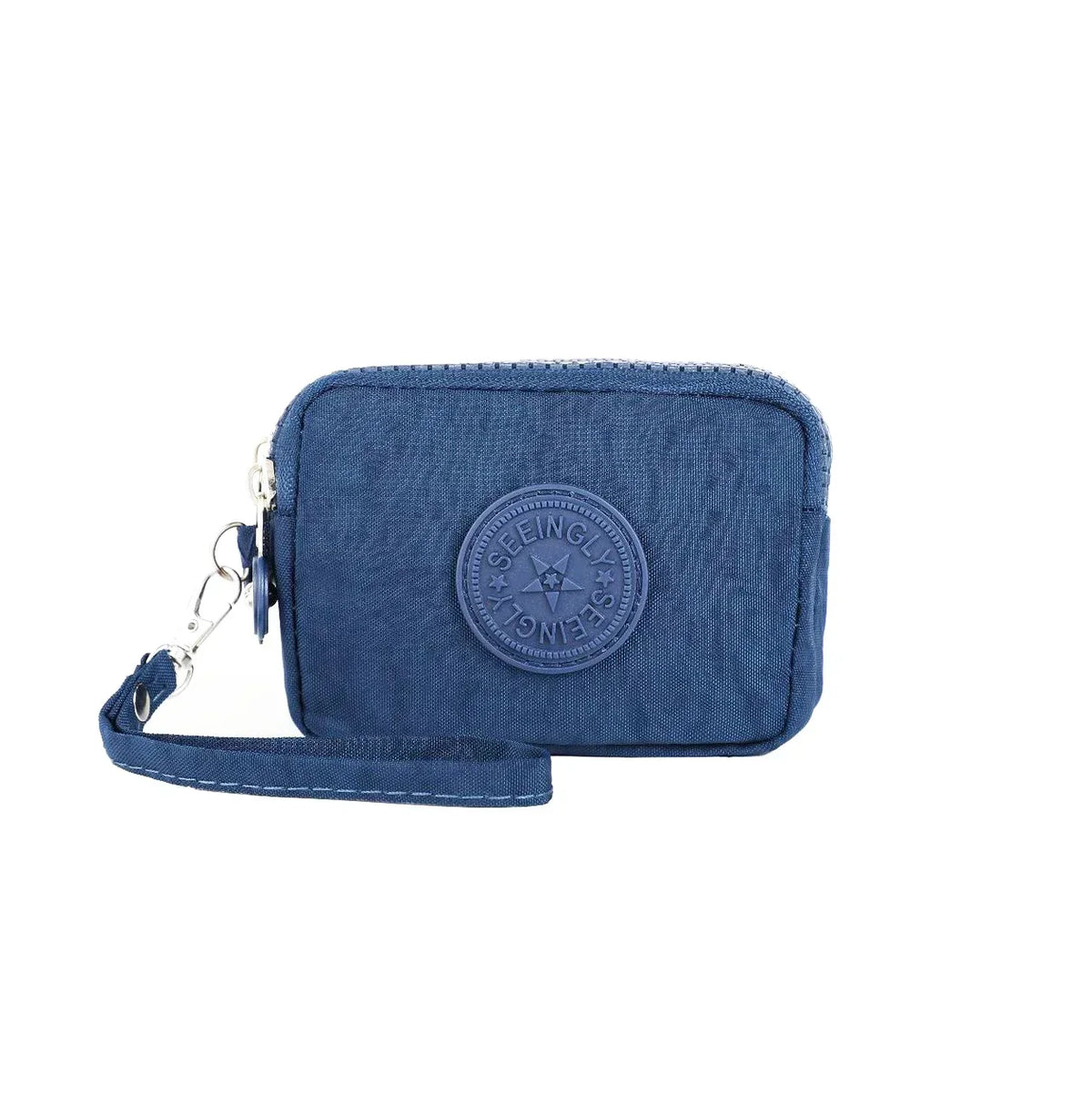 A dark blue compact three-layer nylon zipper pouch with a circular logo featuring a star design.