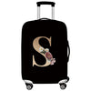 Black premium stretch luggage protective cover with a large gold letter S and floral accents