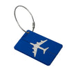 A blue aluminum luggage tag with a white airplane silhouette attached to a silver cord.