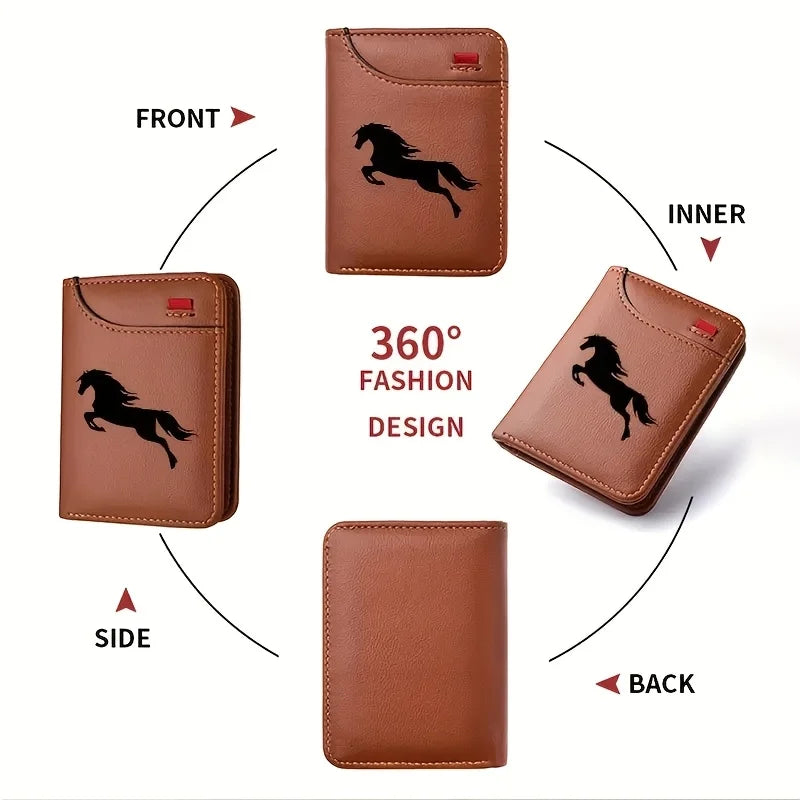 A brown faux leather card holder wallet shown from the front, side, inner, and back views.
