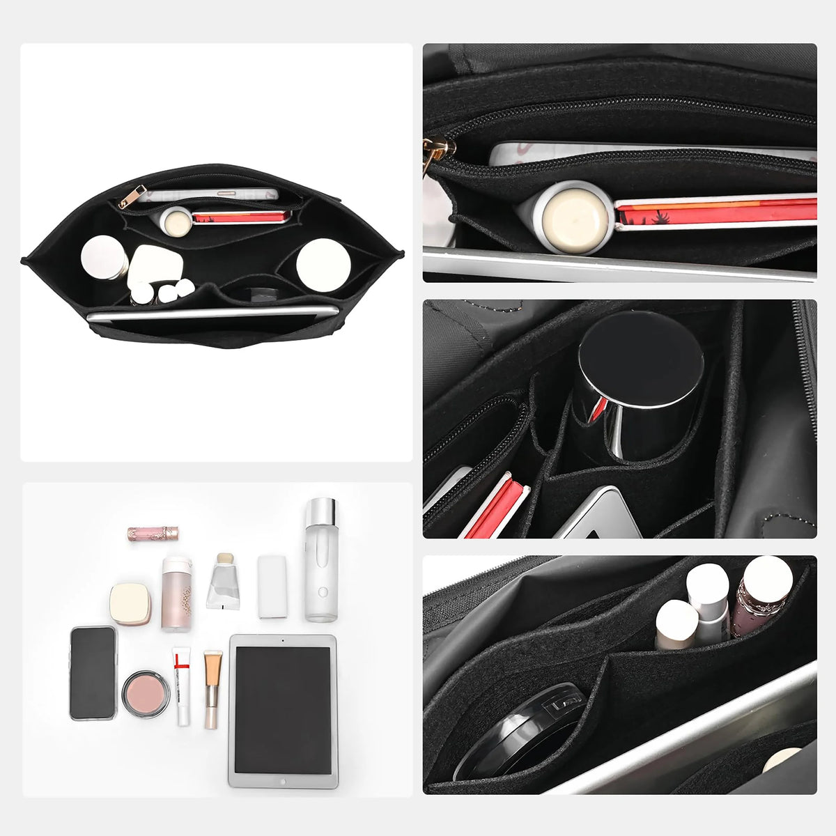 A black felt organizer insert for handbags showing various compartments and accessories.