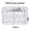 A light blue patterned laptop sleeve with a front pocket and a gray smartphone insert.