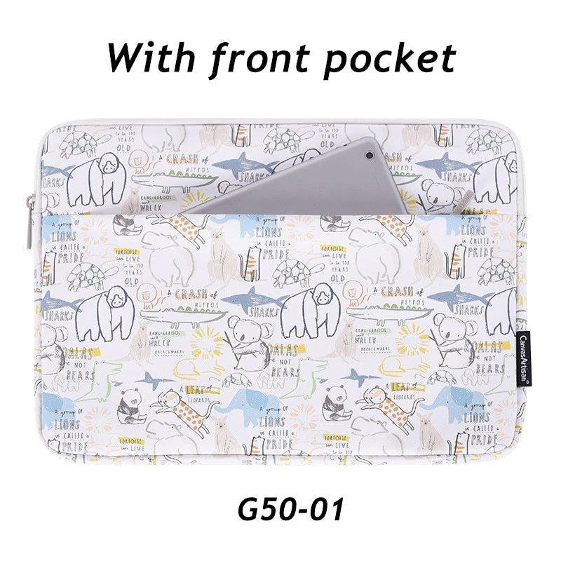 A light blue patterned laptop sleeve with a front pocket and a gray smartphone insert.