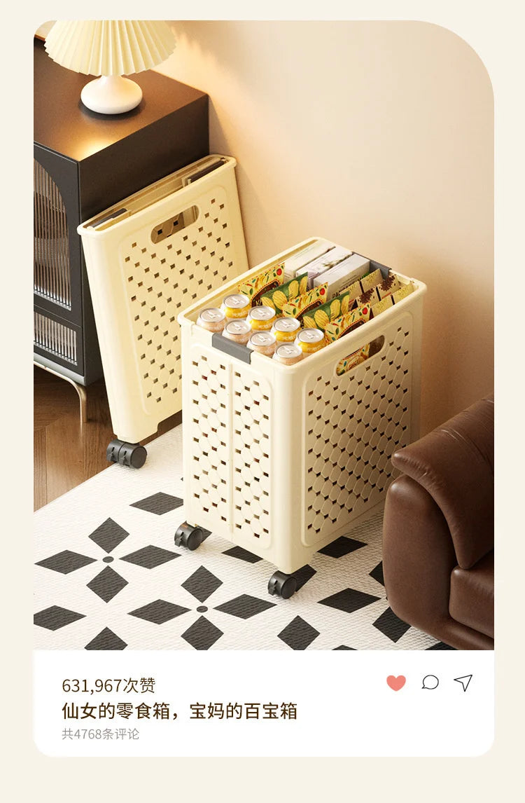 A cream-colored foldable laundry basket with a perforated design is shown on a wooden floor next to a lamp and a brown leathe