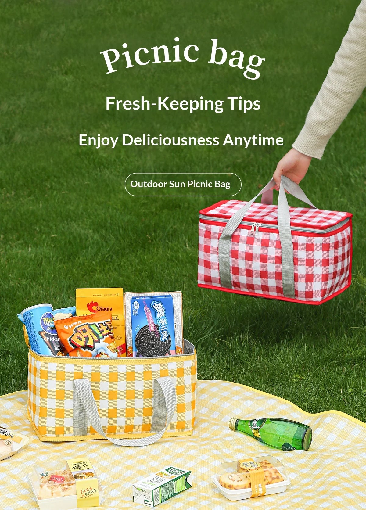 A red and white checkered picnic bag filled with snacks and a green bottle, set on a yellow checkered cloth.