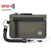 A dark olive green RFID blocking travel wallet with a carabiner attached.