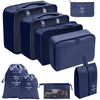 A set of dark blue fabric storage organizers and pouches for keeping items organized