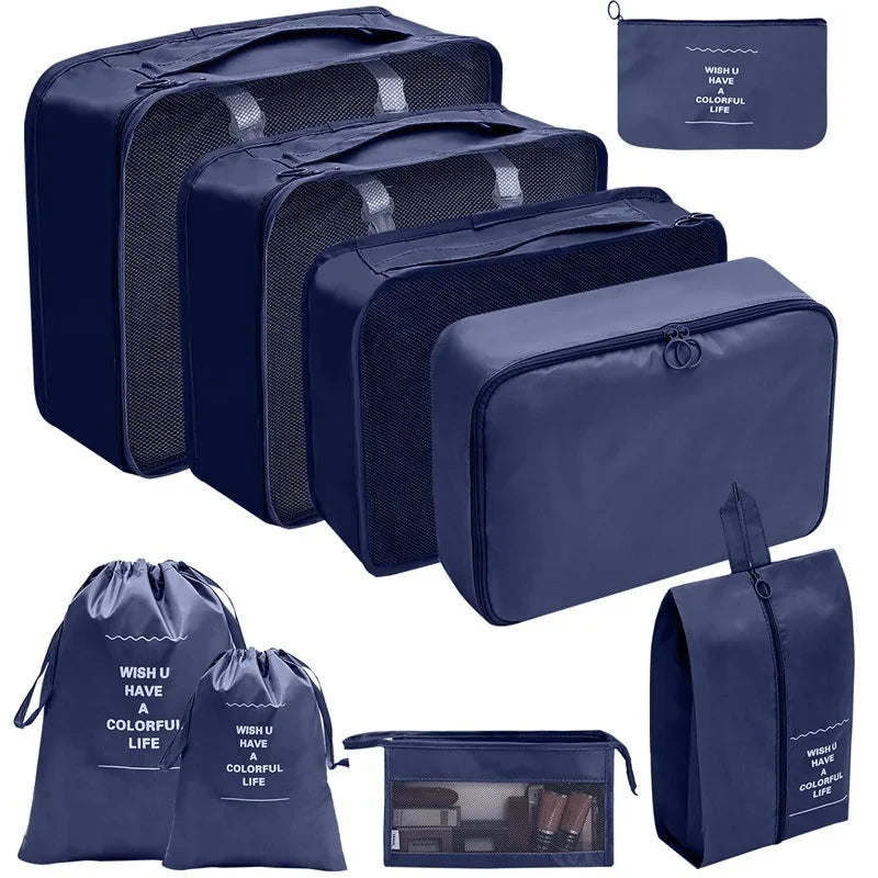 A set of dark blue fabric storage organizers and pouches for keeping items organized