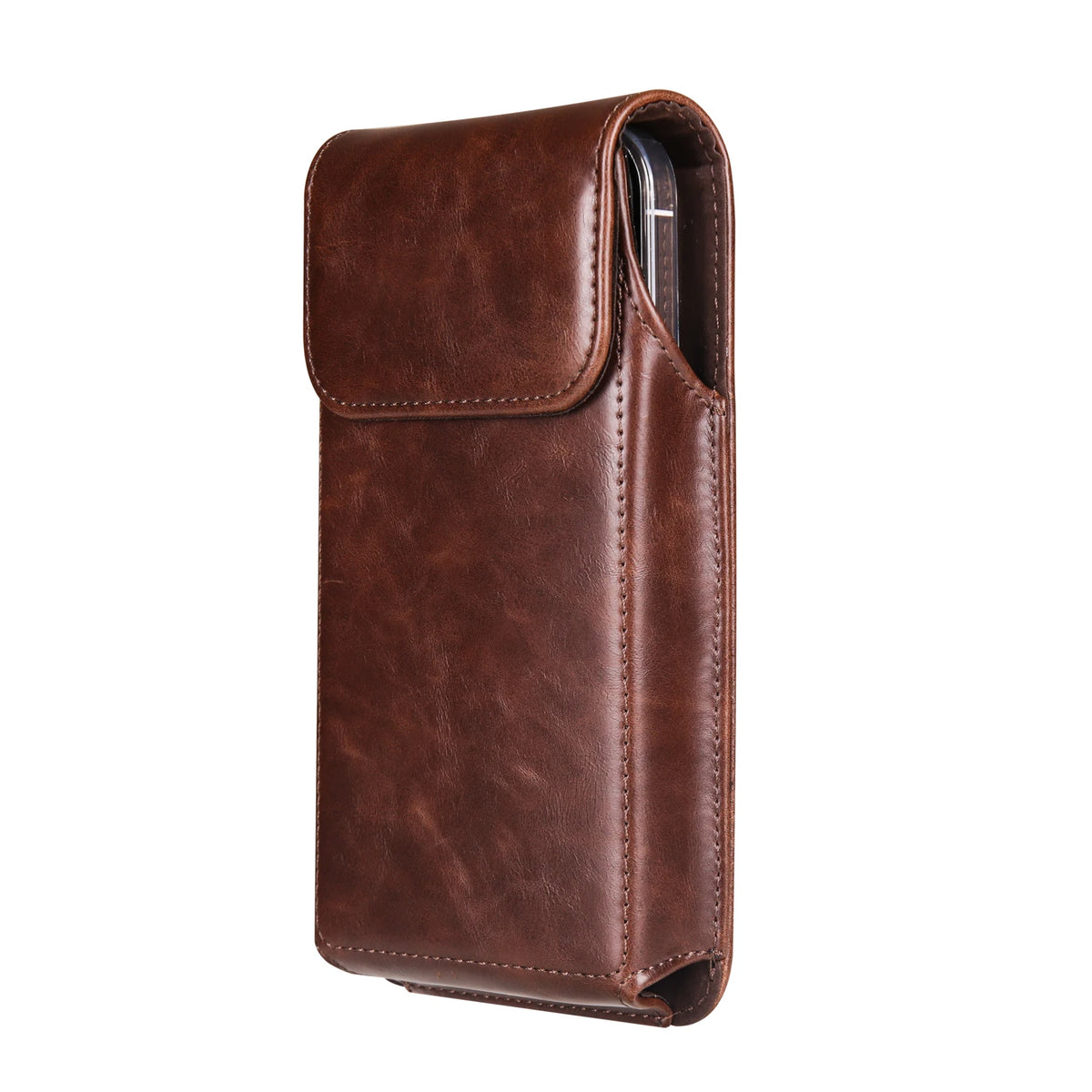 A brown leather belt loop phone case for an iPhone, shown vertically.