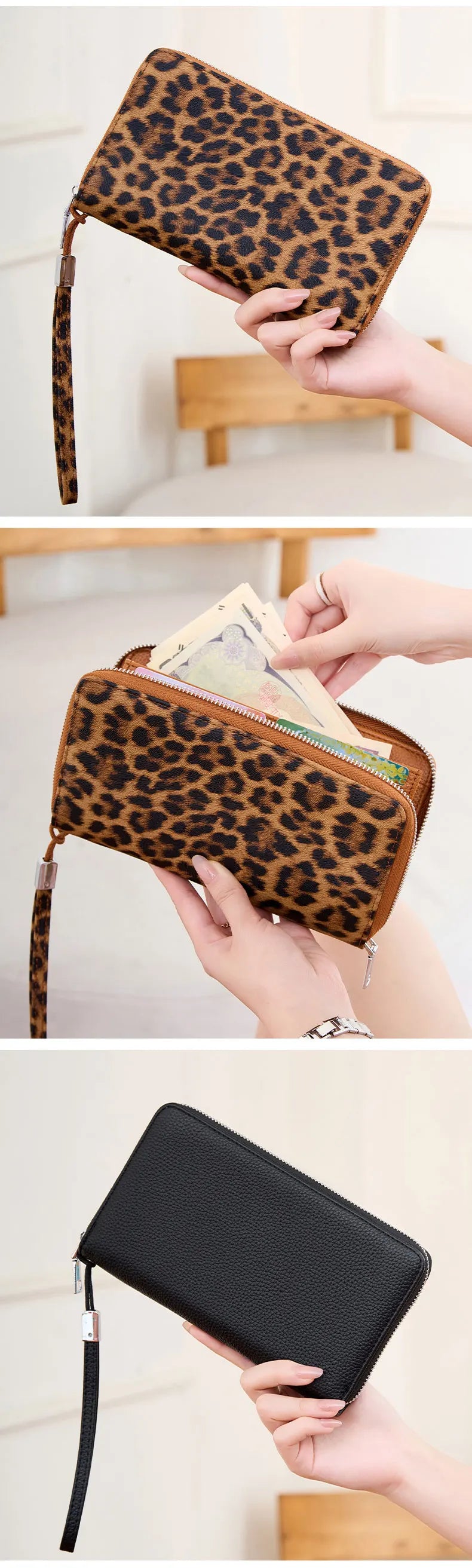 A close-up of a brown leopard print PU leather zipper wallet being held by a hand.