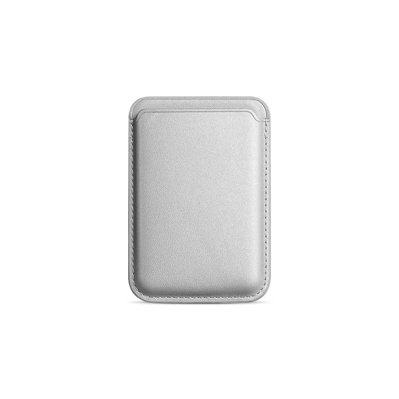 A light gray leather wallet case with rounded corners and stitched edges.