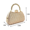 A gold-toned crystal-embellished evening clutch bag with a chain strap, featuring a textured, shimmering surface.