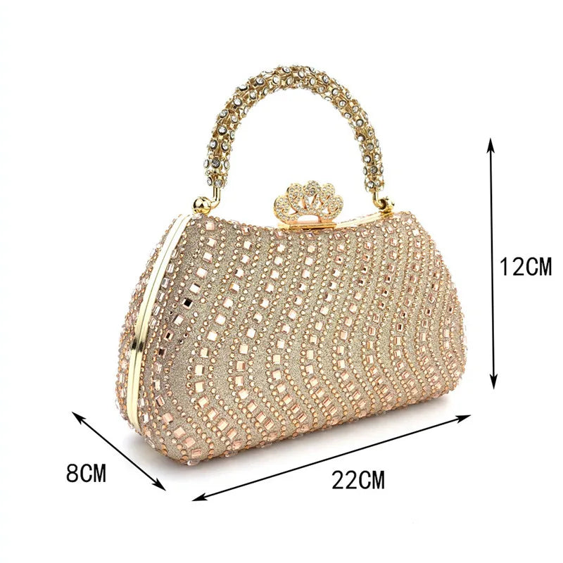 A gold-toned crystal-embellished evening clutch bag with a chain strap, featuring a textured, shimmering surface.
