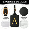 A black PU leather luggage tag with a gold letter A and a clear PVC film for information.