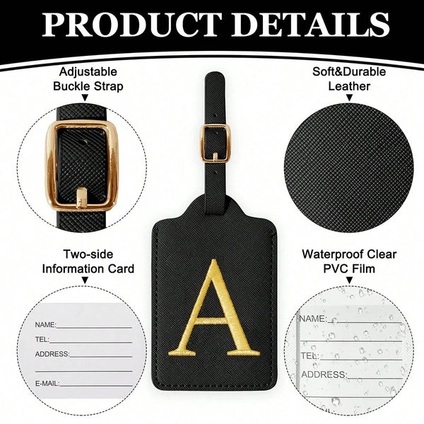 A black PU leather luggage tag with a gold letter A and a clear PVC film for information.
