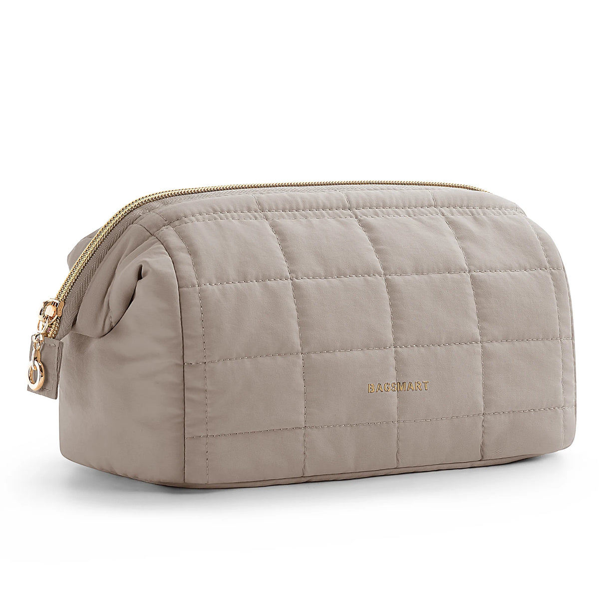 A light taupe padded makeup bag with a wide-open design and gold zipper detail.