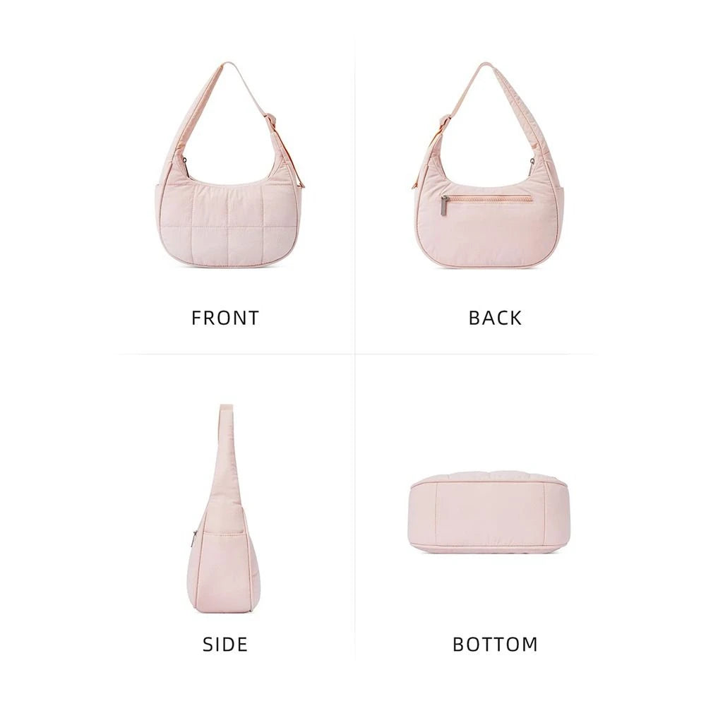 Pink quilted nylon shoulder bag shown from the front, back, side, and bottom views.