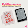 A pink magnetic detachable case for a Kindle device featuring text about reading books.