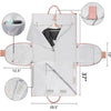 A white foldable multi-function garment duffle bag with pockets and a hanger shown in various views.