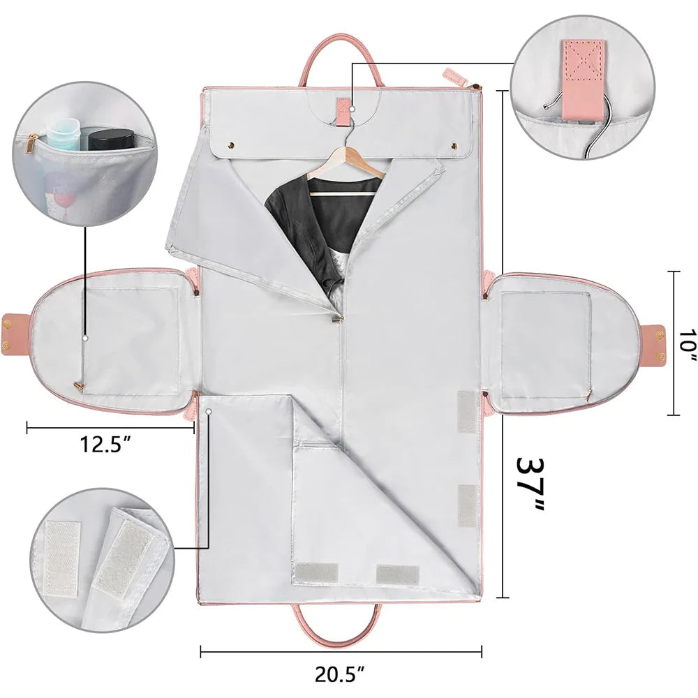 A white foldable multi-function garment duffle bag with pockets and a hanger shown in various views.