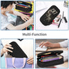 A multi-function black leather pencil case shown in various uses, including a slim case and a larger purple fabric case.